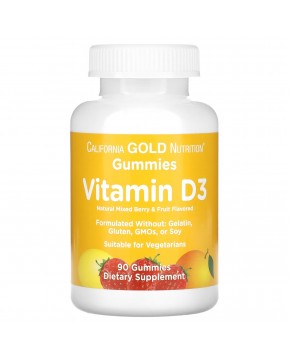 California Gold Nutrition, жевательный витамин D3, без желатина и глютена, со вкусом фруктов и ягод, 25 мкг (1000 МЕ), 90 жевательных таблеток